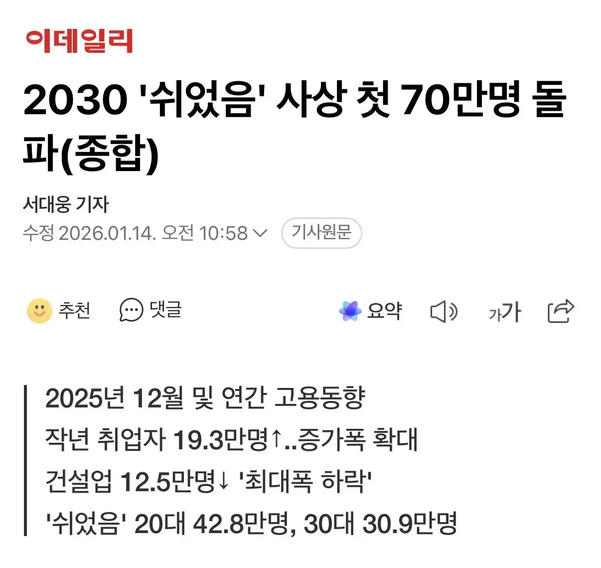 2030 쉬었음 청년 사상 첫 70만명 돌파 ㄷ | mbong.kr 엠봉