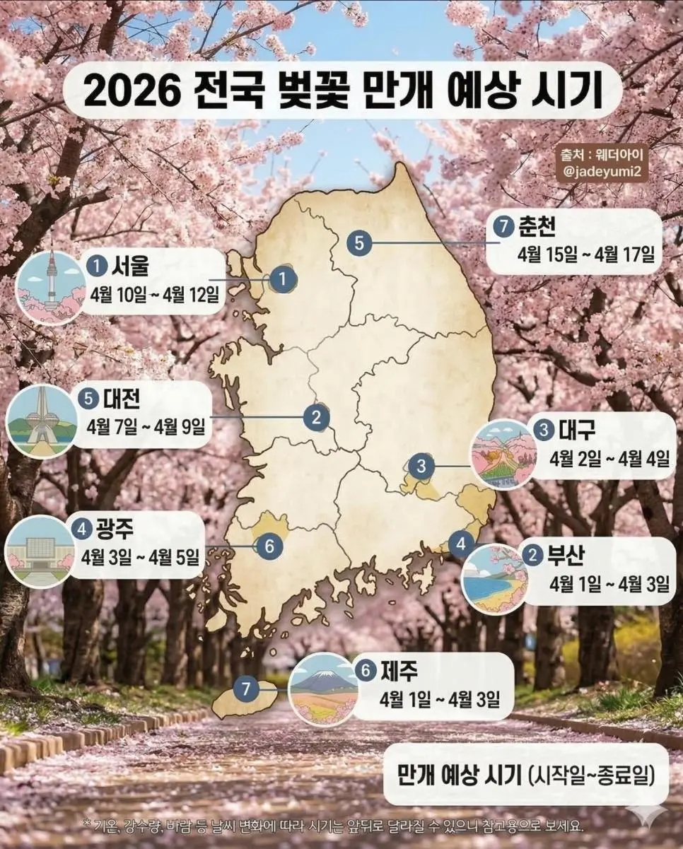 2026 전국 벚꽃 만개 시기 | mbong.kr 엠봉