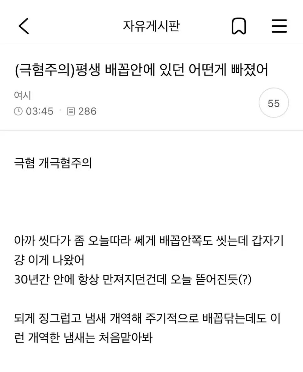 약혐) 평생 배꼽안에 있던 어떤게 빠진 여시 | mbong.kr 엠봉