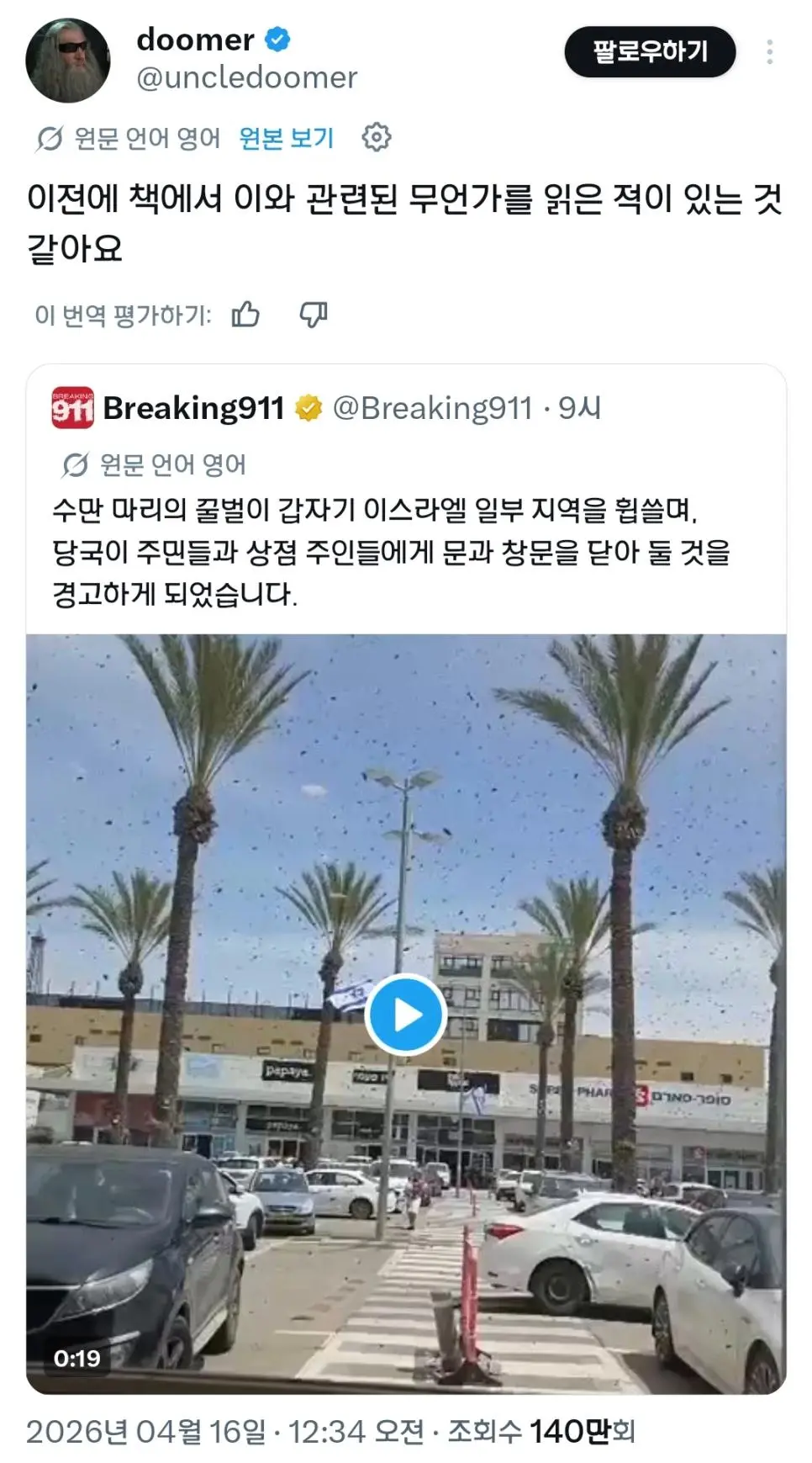 수만 마리의 꿀벌이 이스라엘을 휩쓸다 | mbong.kr 엠봉