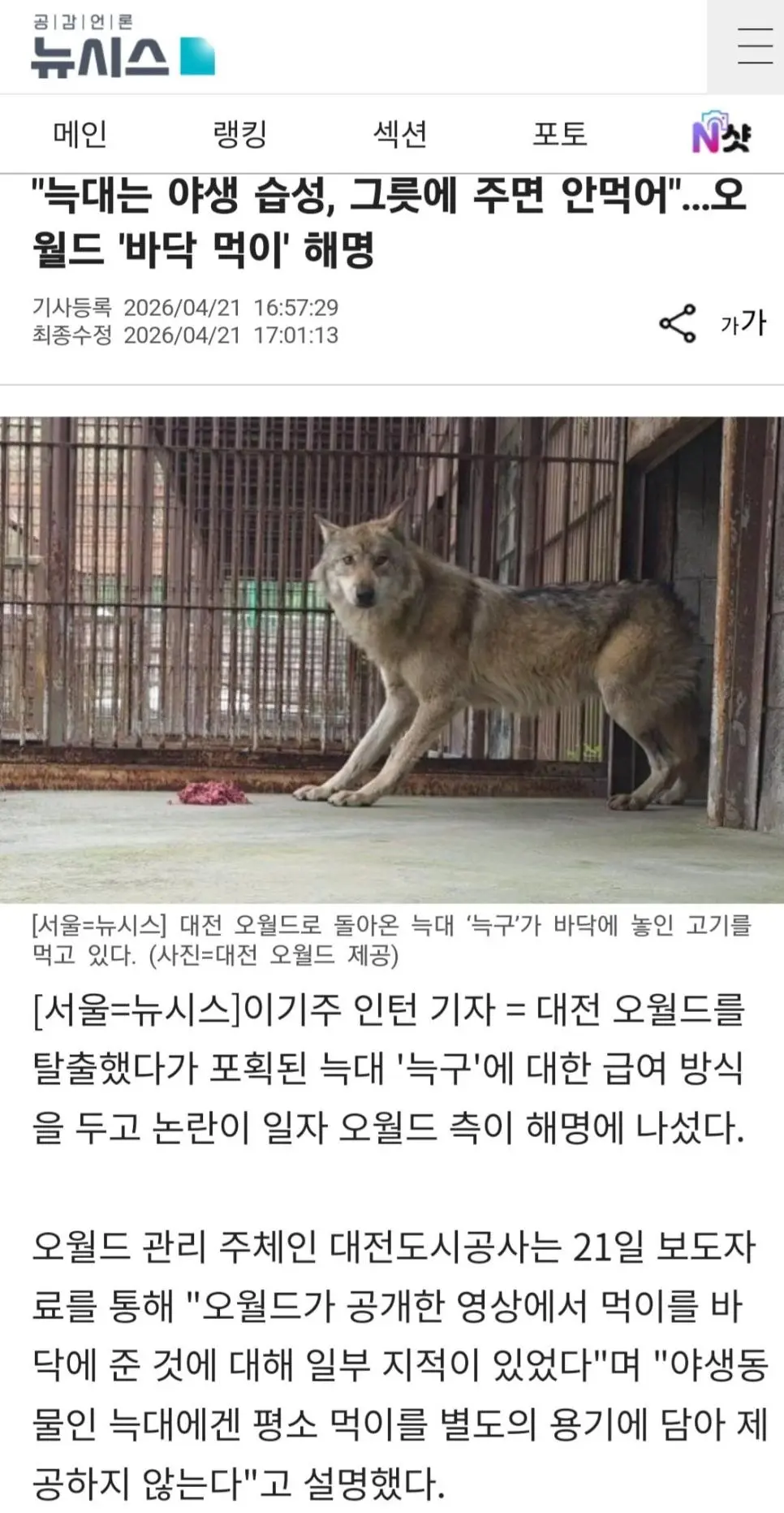 늑구 바닥 먹이 논란 해명나선 오월드 ㄷㄷ.jpg | mbong.kr 엠봉