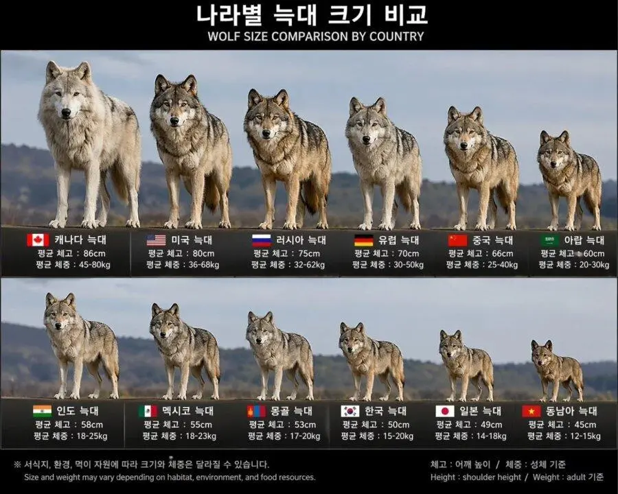 나라별 늑대 크기. | mbong.kr 엠봉